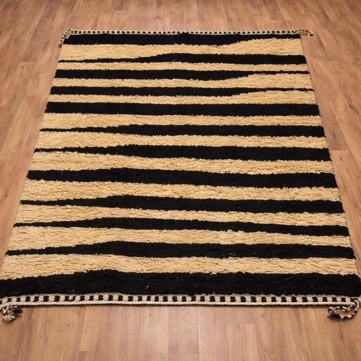 Striped Moroccan Wool Rug – Black and Beige Zebra Pattern