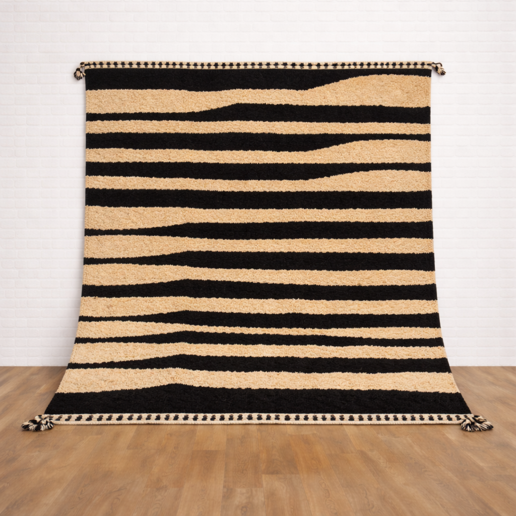 Luxury Beni Mrirt Rug – Black &amp; Beige Zebra Stripe Design