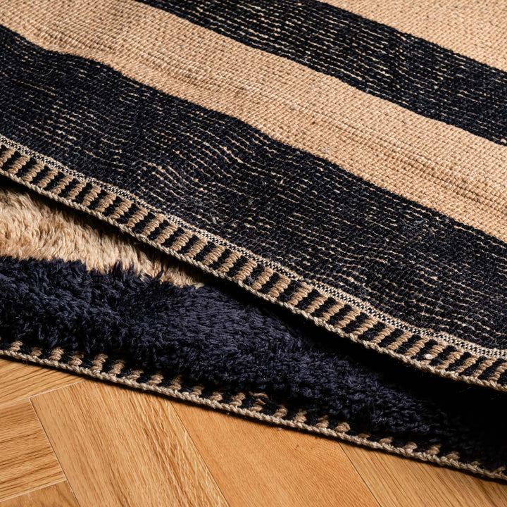 Striped Moroccan Wool Rug – Black and Beige Zebra Pattern
