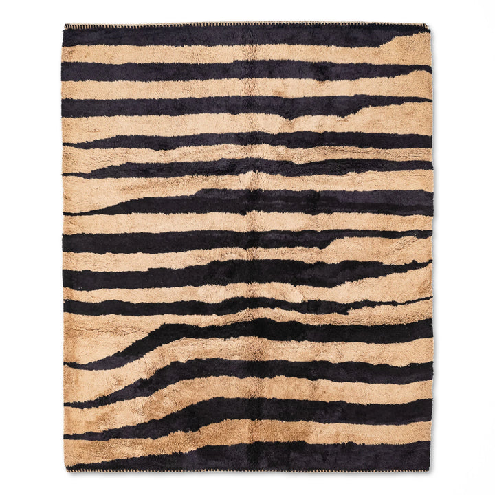 Striped Moroccan Wool Rug – Black and Beige Zebra Pattern
