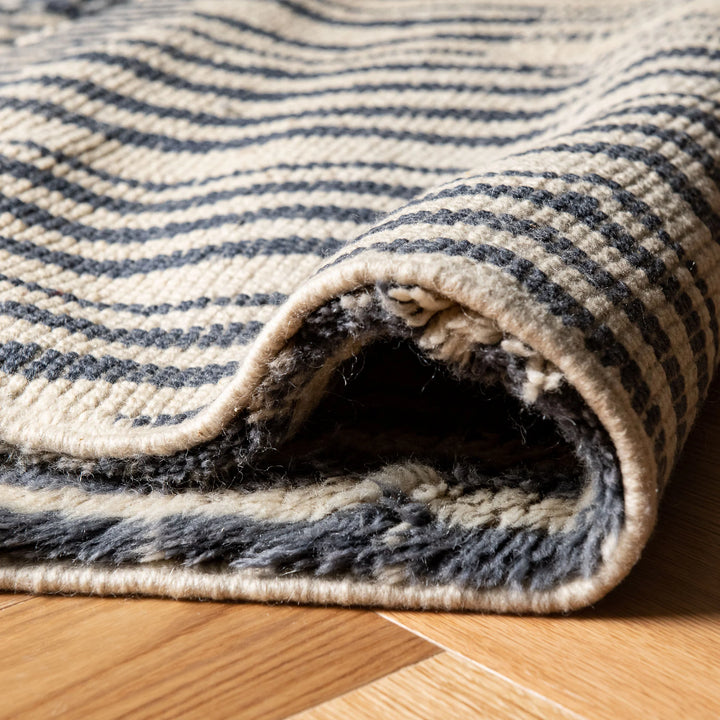 Striped Moroccan Wool Rug in Taupe and Blue Gradient Tones