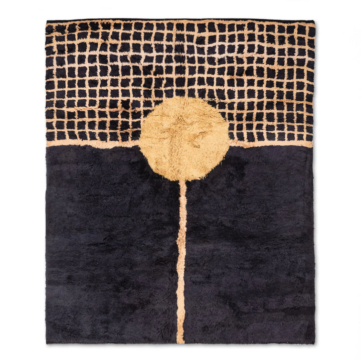 Sun and Grid Abstract Moroccan Wool Rug – Handmade in Black Gold