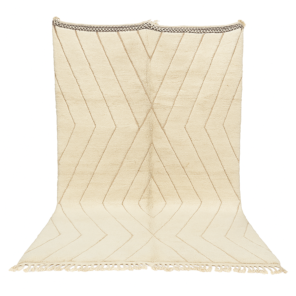 Beige Beni Ourain Moroccan wool rug with chevron line pattern and handmade Berber craftsmanship