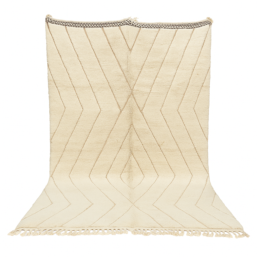 Beige Beni Ourain Moroccan wool rug with chevron line pattern and handmade Berber craftsmanship