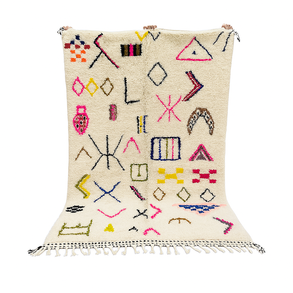 Handwoven Moroccan wool rug with cream background and colorful geometric Berber motifs in pink, blue, green, and yellow