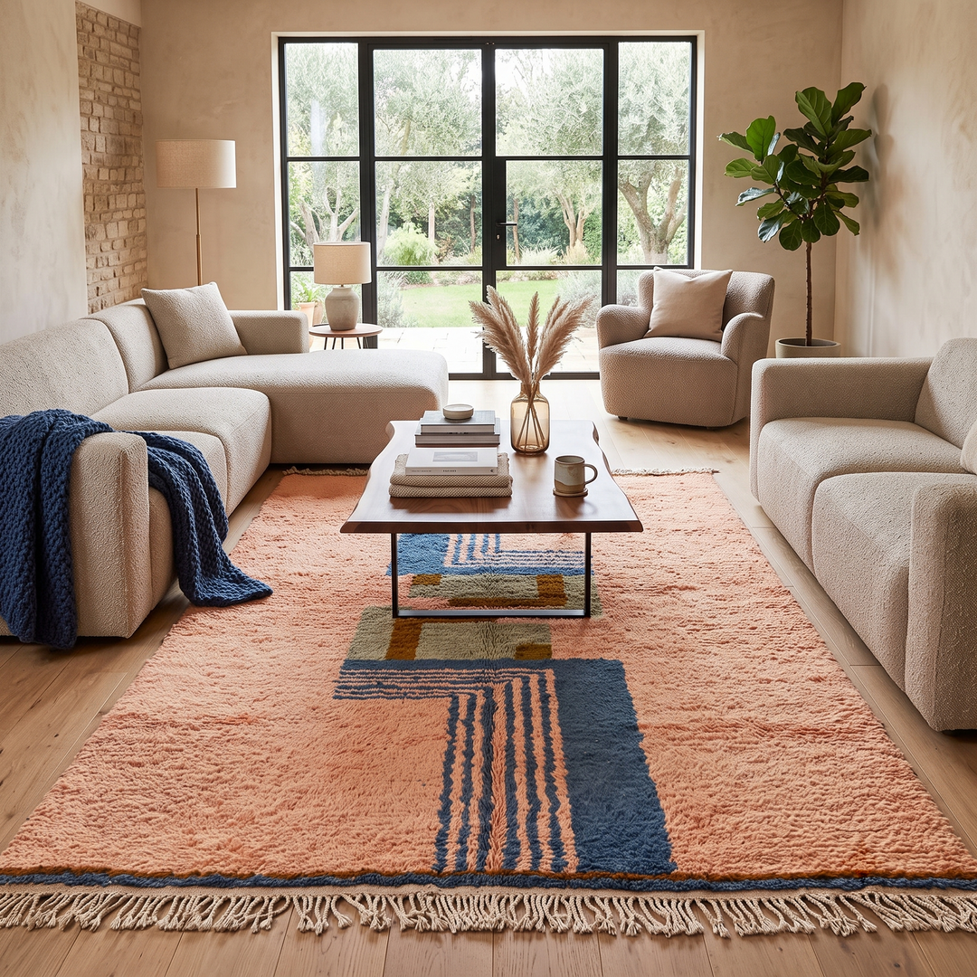 Terracotta Moroccan wool rug with blue and olive geometric shapes, handmade by Berber artisans 