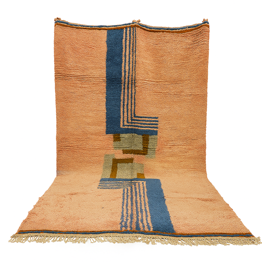 Terracotta Moroccan wool rug with blue and olive geometric shapes, handmade by Berber artisans