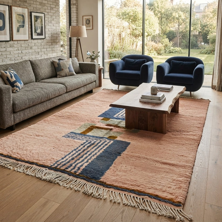 Terracotta Moroccan wool rug with blue and olive geometric shapes, handmade by Berber artisans 