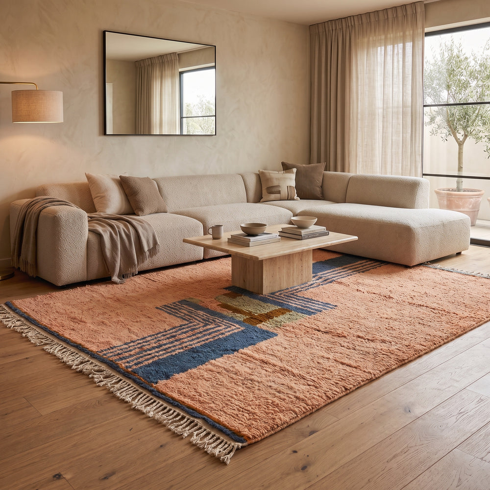 Terracotta Moroccan wool rug with blue and olive geometric shapes, handmade by Berber artisans 