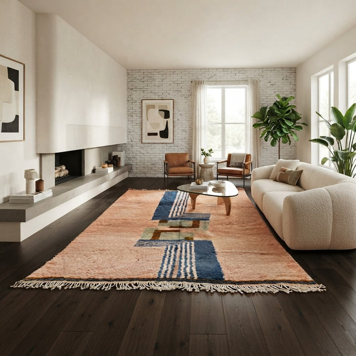 Terracotta Moroccan wool rug with blue and olive geometric shapes, handmade by Berber artisans 