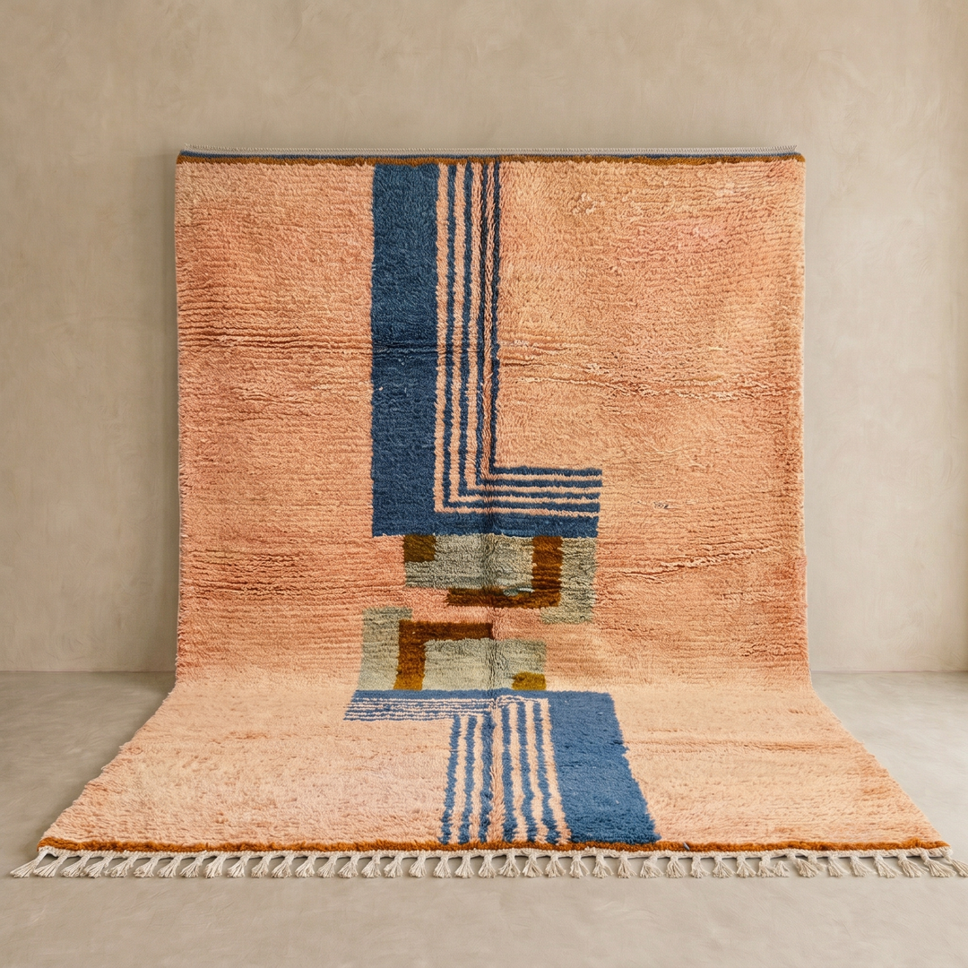 Terracotta Moroccan wool rug with blue and olive geometric shapes, handmade by Berber artisans 