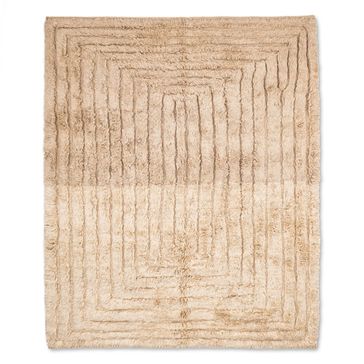 Textured Beige Beni Mrirt Rug with Carved Geometric Lines