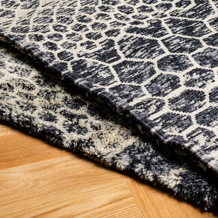 Textured Moroccan Wool Rug with Honeycomb Pattern in Black