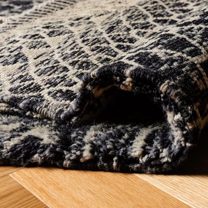 Textured Moroccan Wool Rug with Honeycomb Pattern in Black
