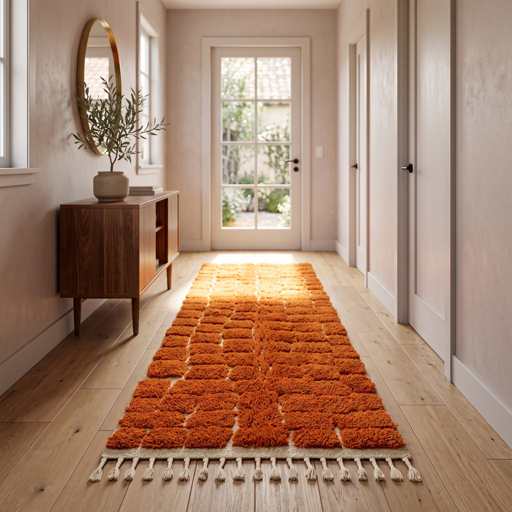 Handmade orange Moroccan runner rug with textured geometric pattern in natural wool, ideal for hallway and modern boho interiors.