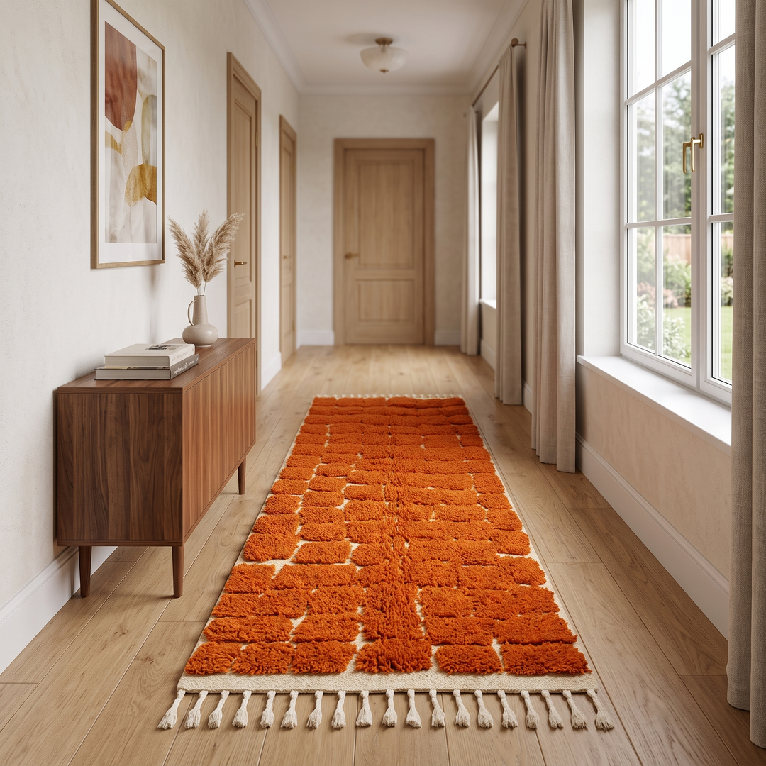 Handmade orange Moroccan runner rug with textured geometric pattern in natural wool, ideal for hallway and modern boho interiors.
