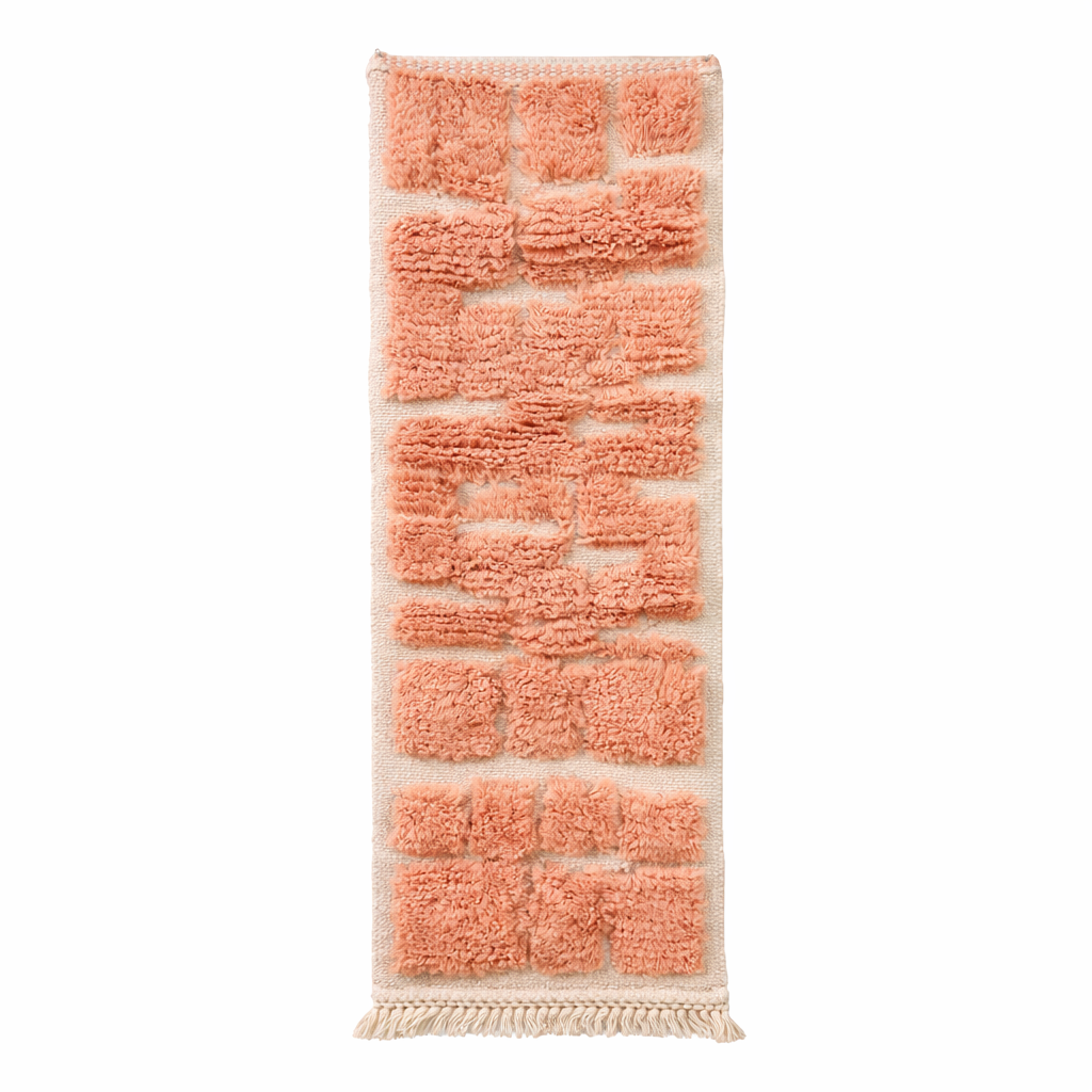 Textured peach Moroccan wool runner rug with raised Berber geometric blocks