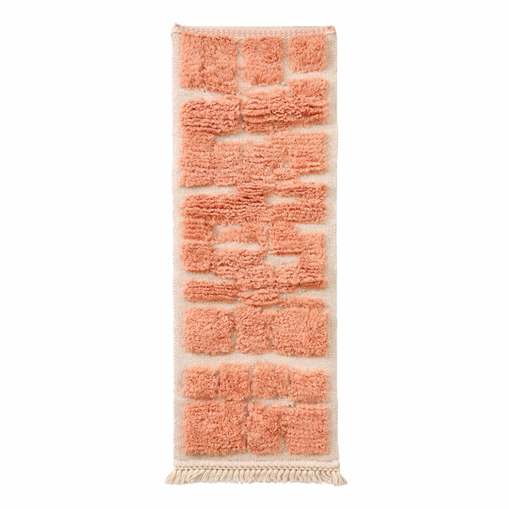 Textured peach Moroccan wool runner rug with raised Berber geometric blocks