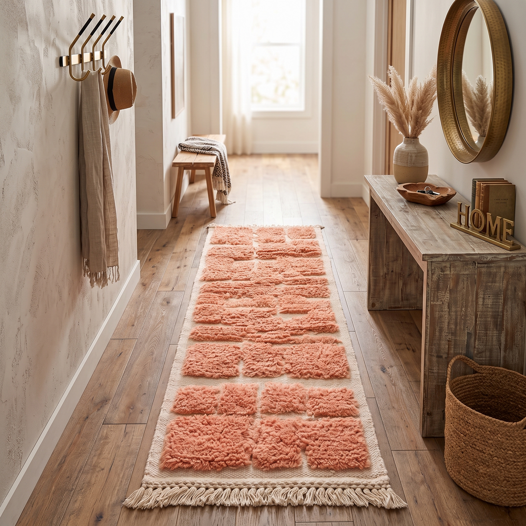 Textured peach Moroccan wool runner rug with raised Berber geometric blocks