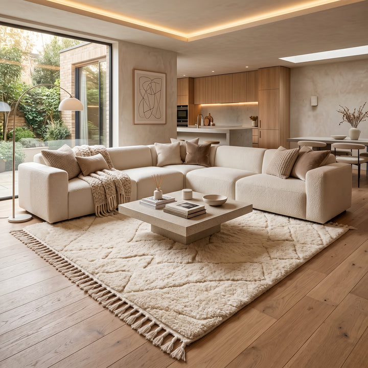 Handmade ivory Moroccan wool rug with an abstract carved geometric pattern, plush pile and hand-finished tassel fringe.