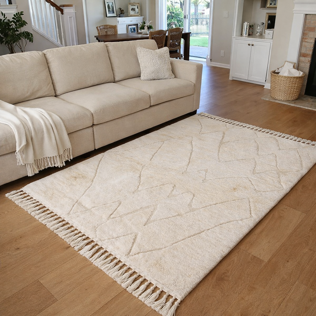 Tone-on-Tone Mountain Wool Rug – Minimalist Moroccan Design - White natural wool