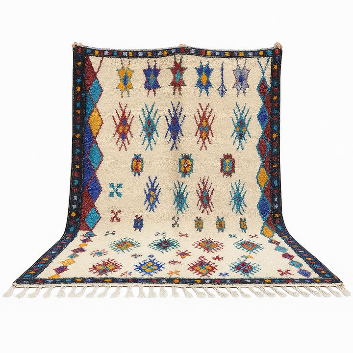 Handwoven Moroccan wool rug with colorful Berber tribal patterns and dark border