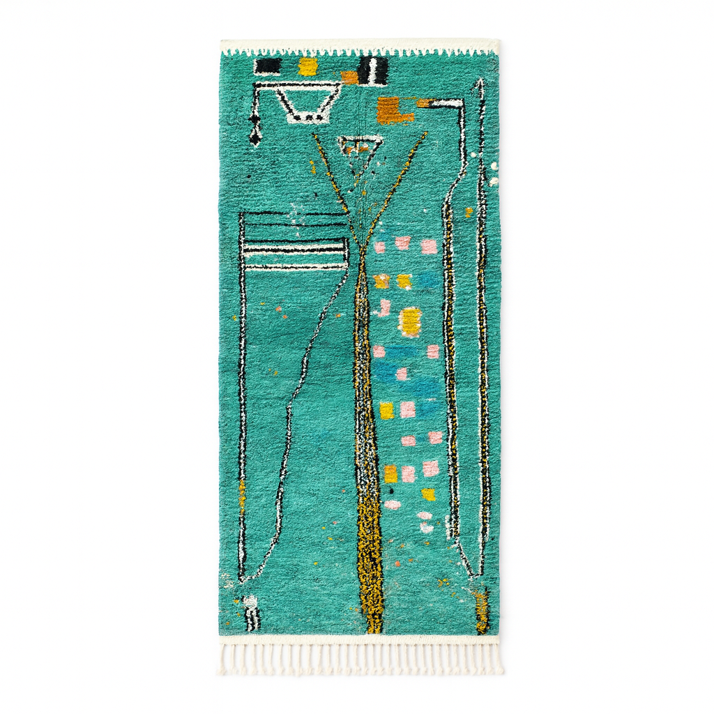 Handmade turquoise Moroccan wool runner rug with abstract geometric pattern and multicolor artistic details.