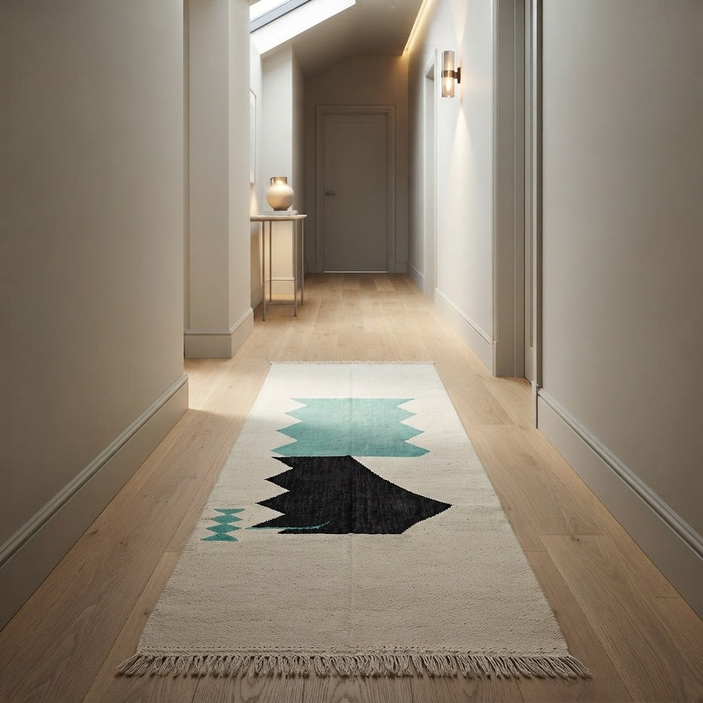 Turquoise and black Moroccan runner rug with abstract geometric pattern on ivory wool, handmade Berber design