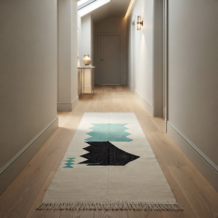 Turquoise and black Moroccan runner rug with abstract geometric pattern on ivory wool, handmade Berber design
