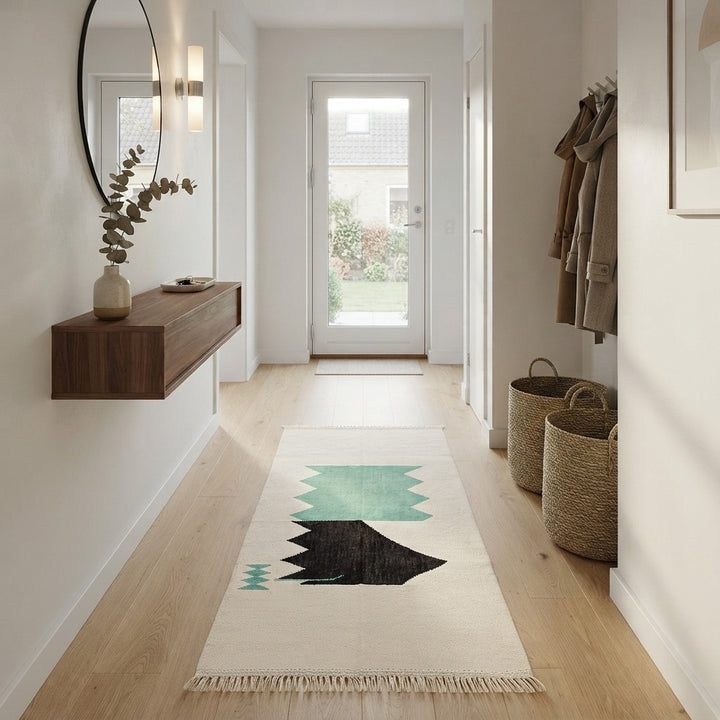 Turquoise and black Moroccan runner rug with abstract geometric pattern on ivory wool, handmade Berber design