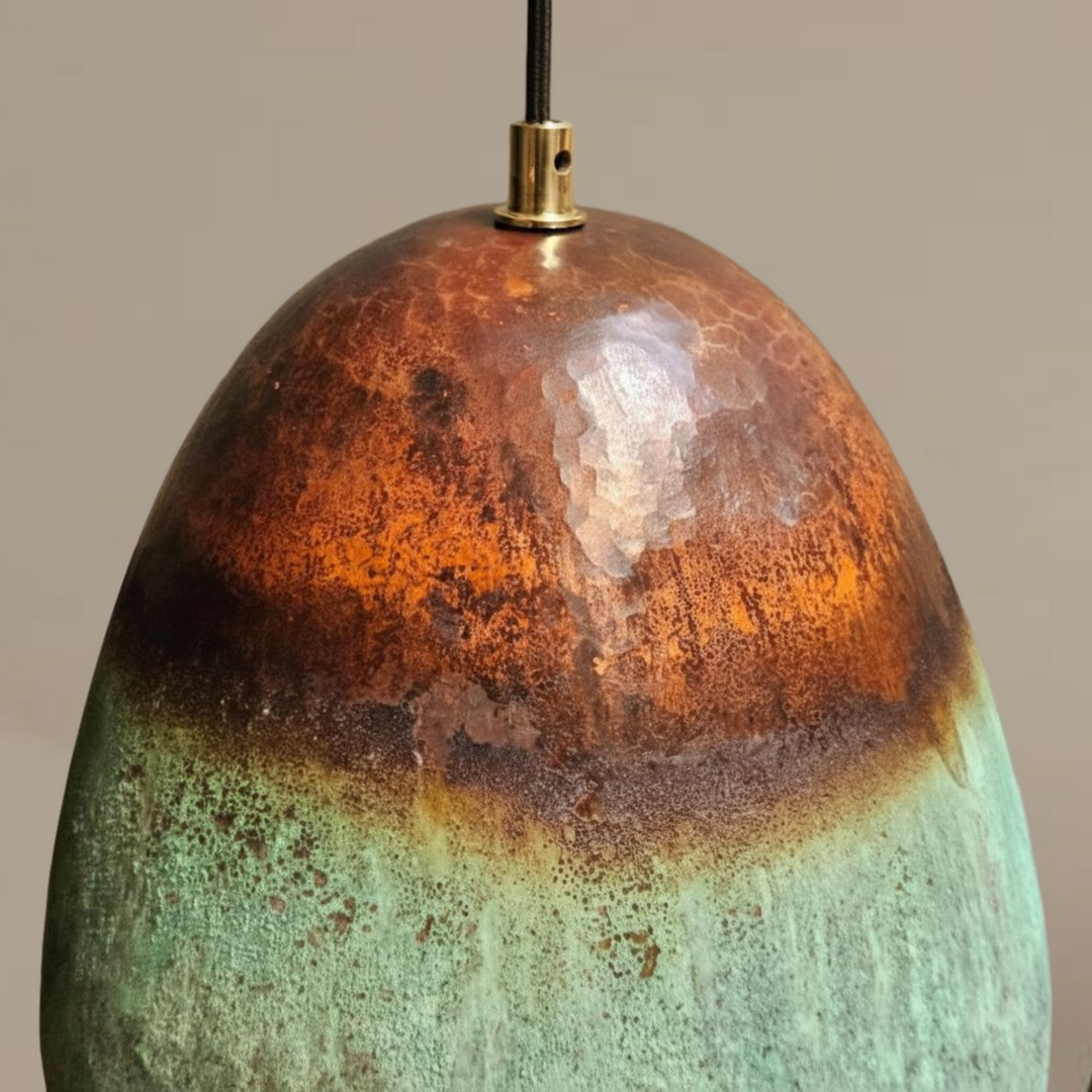 Handcrafted Oxidized Copper Pendant Light – Green Patina Mini Dome Lamp