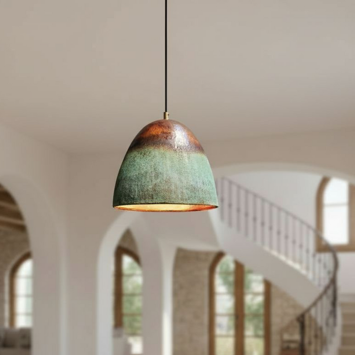 Handcrafted Oxidized Copper Pendant Light – Green Patina Mini Dome Lamp
