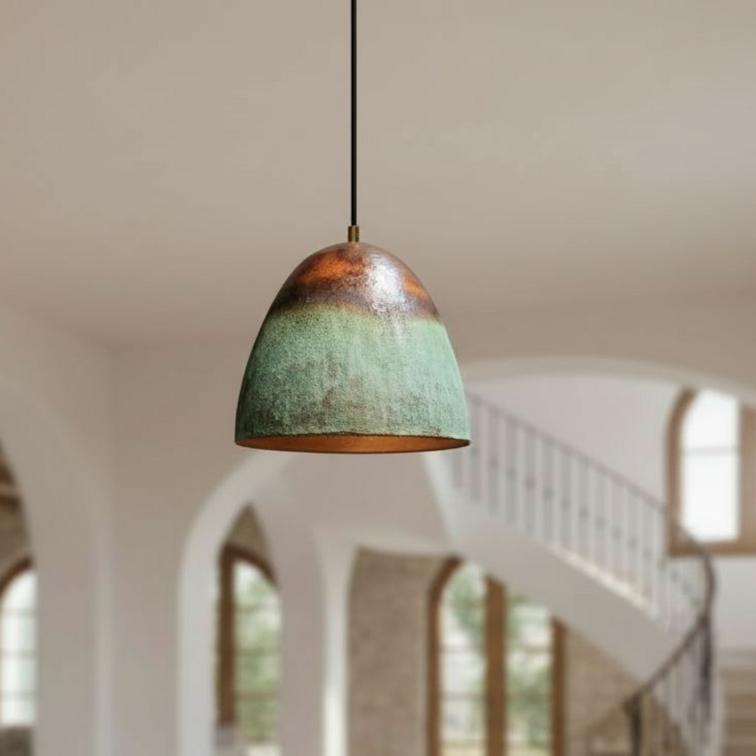 Handcrafted Oxidized Copper Pendant Light – Green Patina Mini Dome Lamp