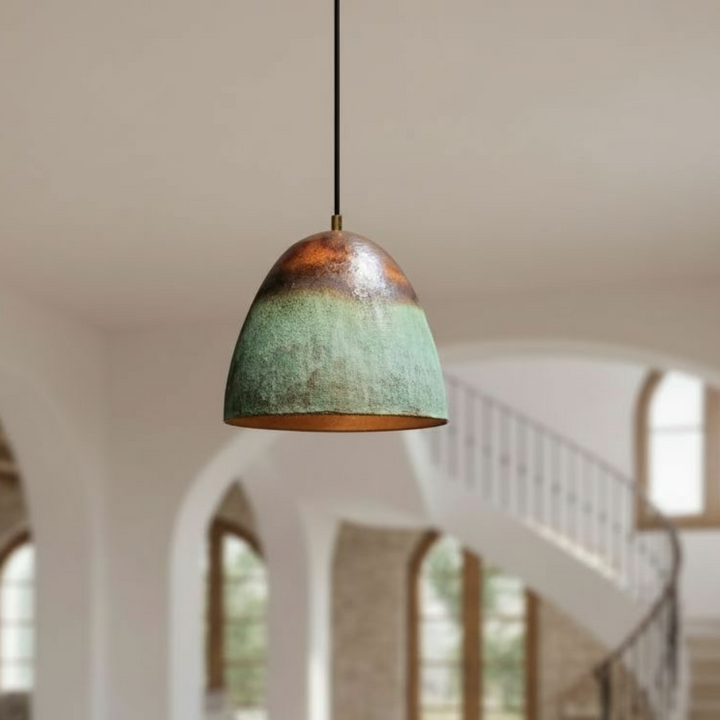 Handcrafted Oxidized Copper Pendant Light – Green Patina Mini Dome Lamp