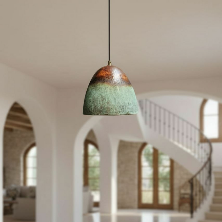 Handcrafted Oxidized Copper Pendant Light – Green Patina Mini Dome Lamp