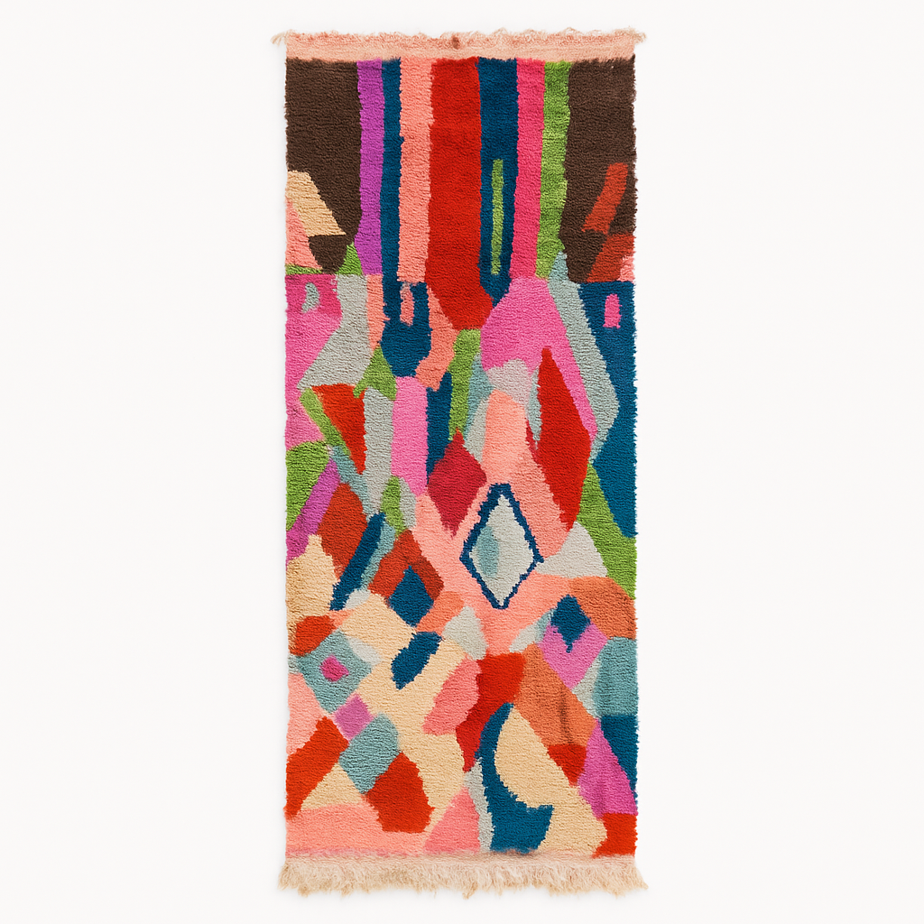 Handmade colorful Moroccan wool runner rug with abstract geometric pattern in red, blue, pink, and green tones