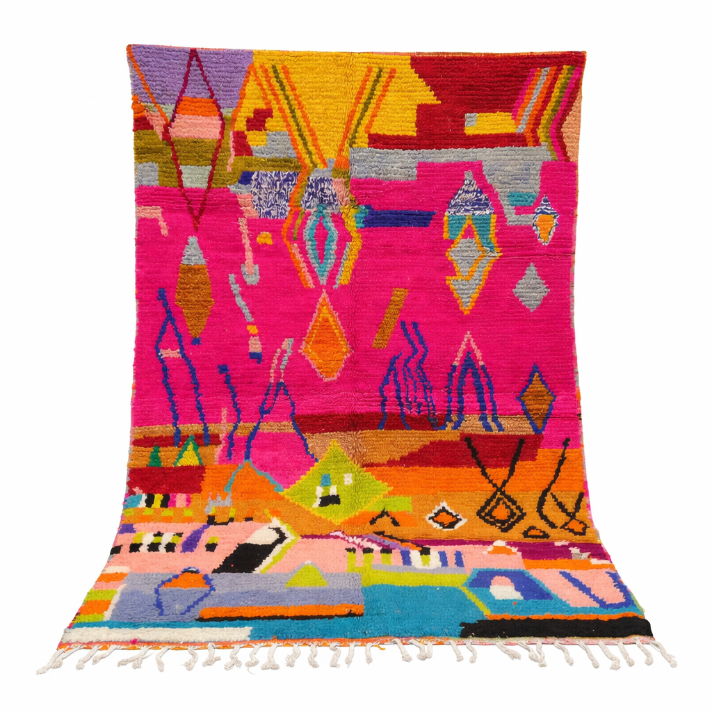 Collector Moroccan wool rug with vibrant abstract Berber patterns on a magenta pink background