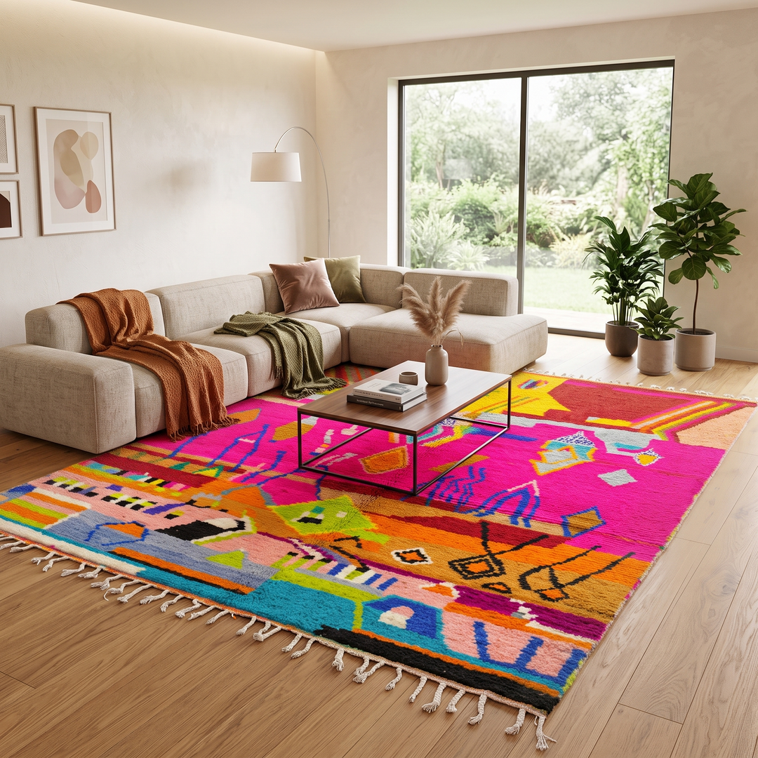 Collector Moroccan wool rug with vibrant abstract Berber patterns on a magenta pink background
