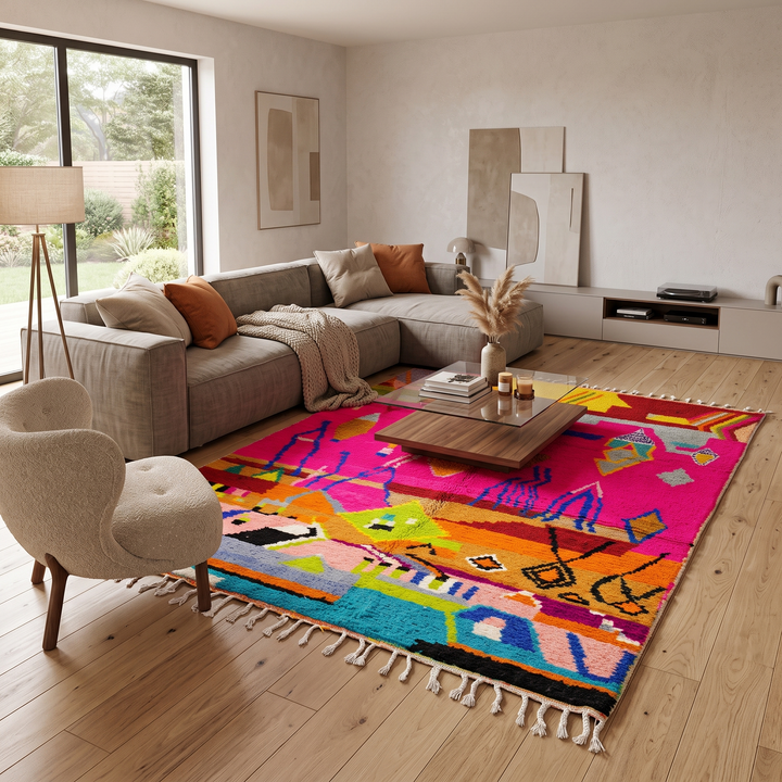Collector Moroccan wool rug with vibrant abstract Berber patterns on a magenta pink background
