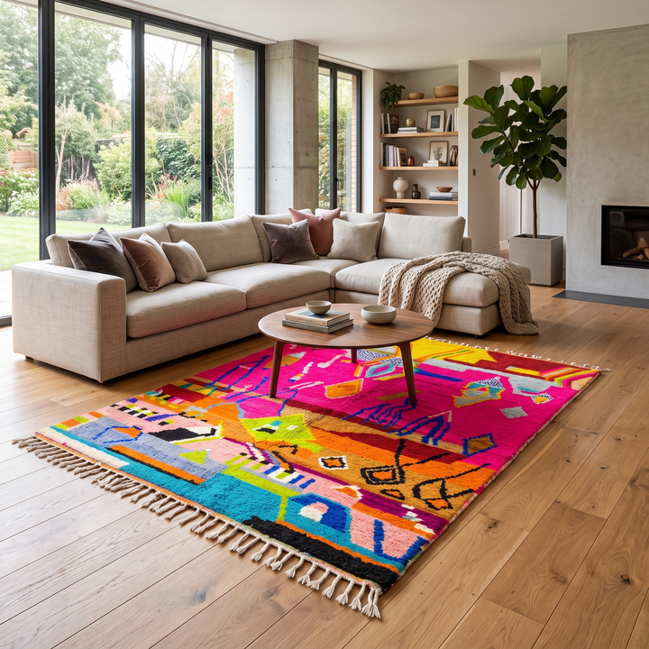 Collector Moroccan wool rug with vibrant abstract Berber patterns on a magenta pink background
