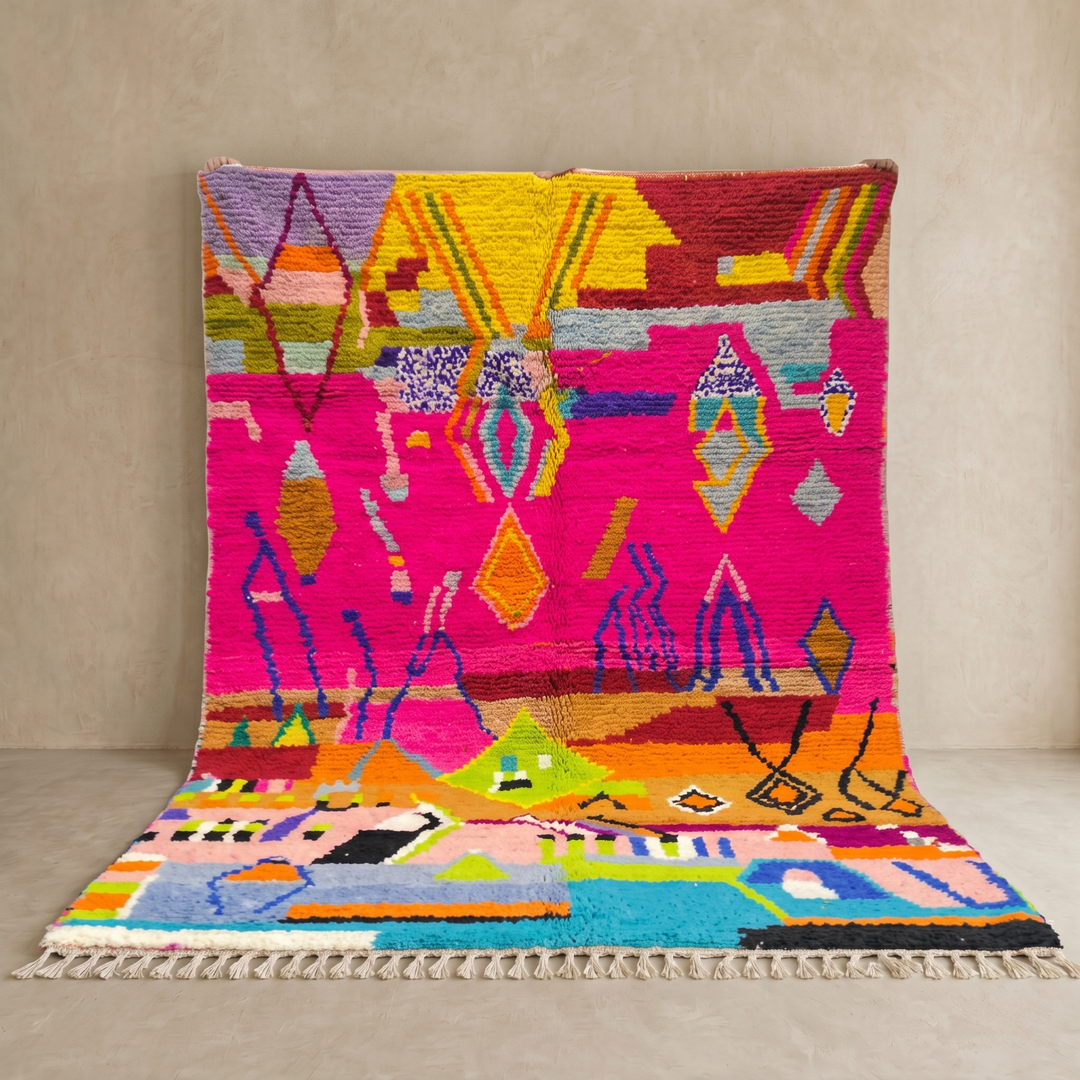 Collector Moroccan wool rug with vibrant abstract Berber patterns on a magenta pink background
