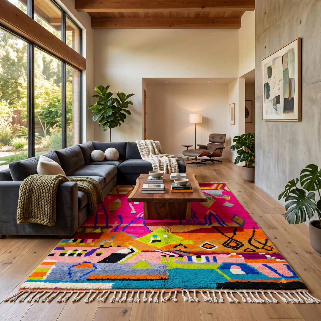 Collector Moroccan wool rug with vibrant abstract Berber patterns on a magenta pink background
