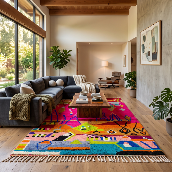 Collector Moroccan wool rug with vibrant abstract Berber patterns on a magenta pink background
