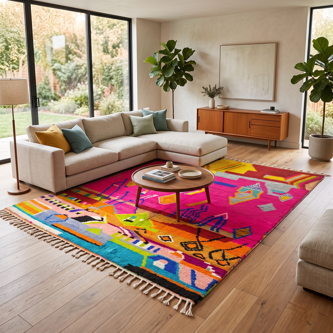 Collector Moroccan wool rug with vibrant abstract Berber patterns on a magenta pink background
