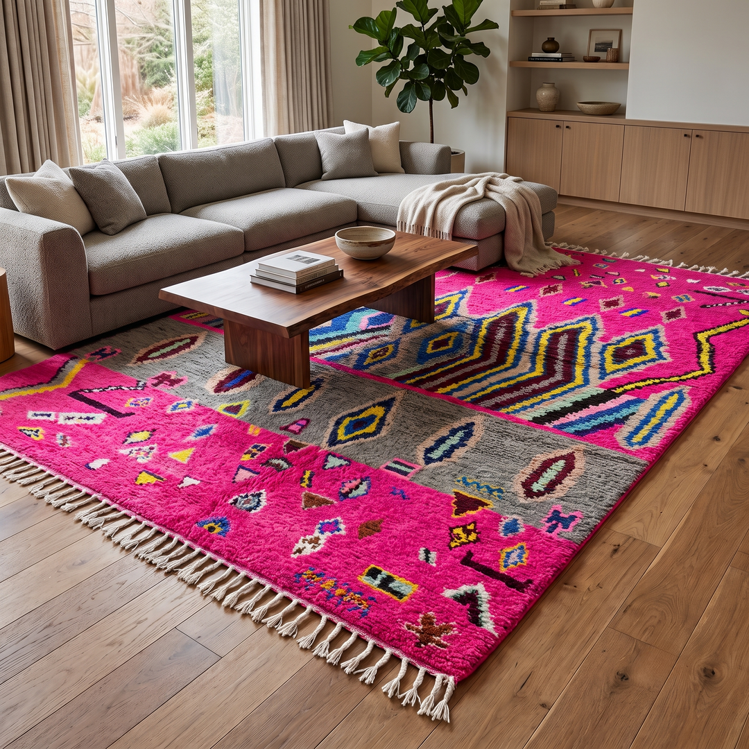 Vibrant pink Moroccan Berber rug with colorful tribal diamond patterns
