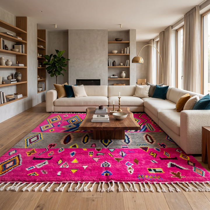 Vibrant pink Moroccan Berber rug with colorful tribal diamond patterns
