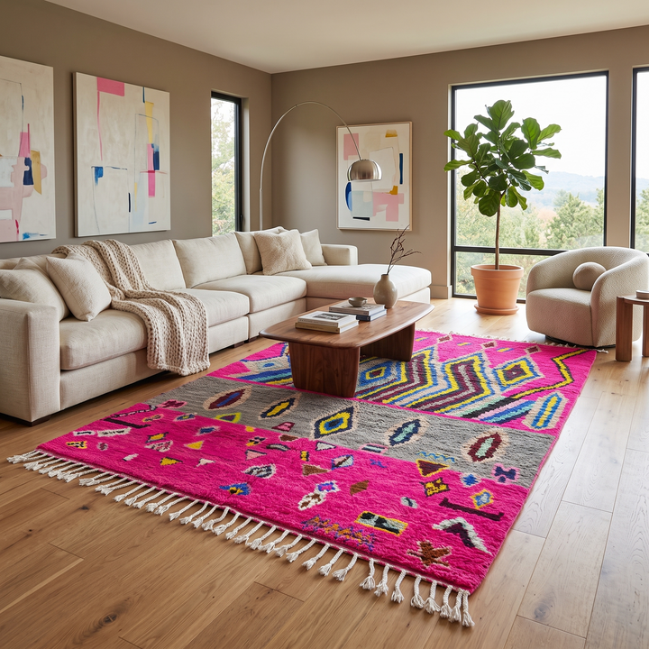 Vibrant pink Moroccan Berber rug with colorful tribal diamond patterns
