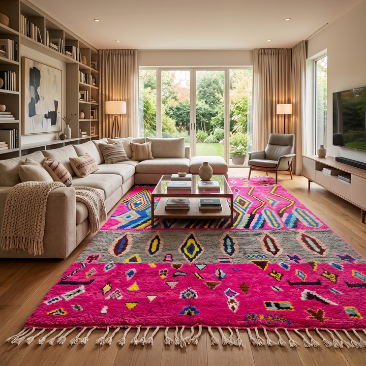 Vibrant pink Moroccan Berber rug with colorful tribal diamond patterns
