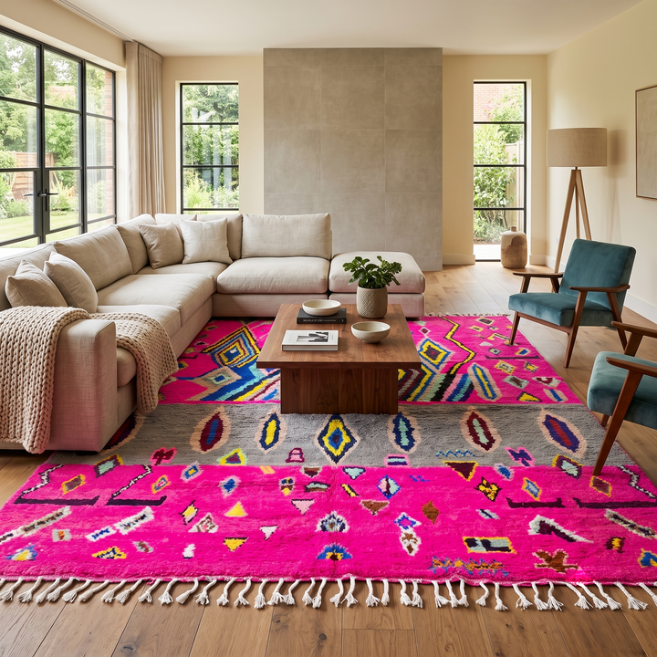 Vibrant Pink Moroccan Wool Rug – Bold Berber Art Design
