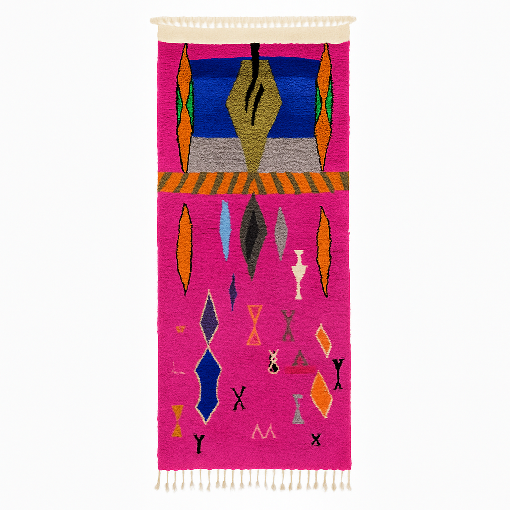 Handmade vibrant pink Moroccan wool runner rug with colorful tribal Berber motifs
